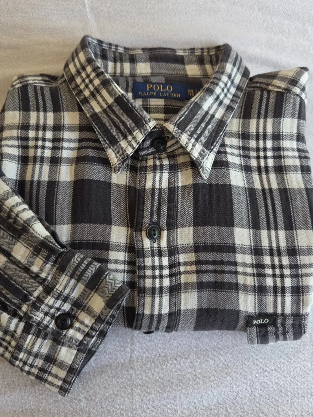 Polo Ralph Lauren XXL Black Ivory Plaid Cotton Utility Shirt Men's 2 Pocket
